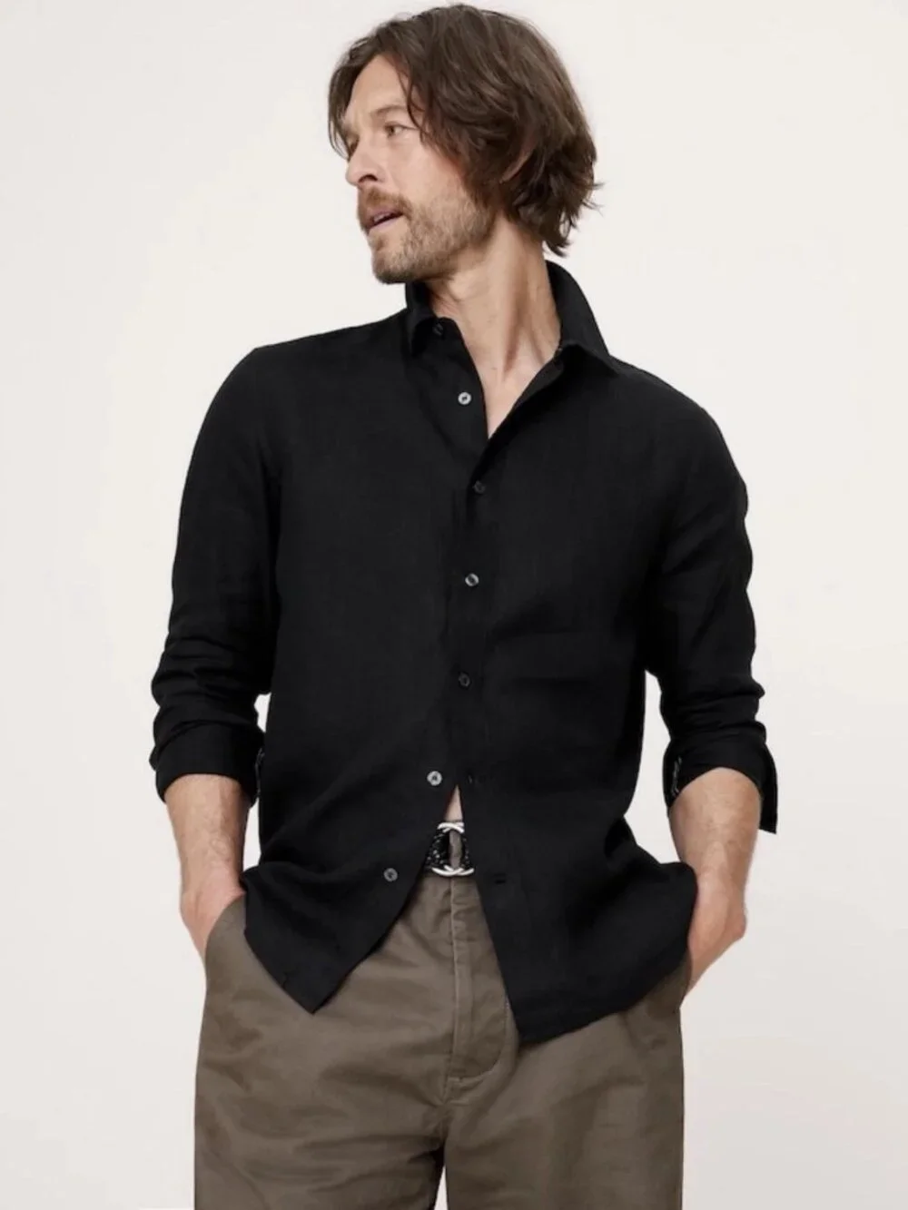 Banana Republic Standard Fit Linen Shirt Men Black Casual Shirt - NWT